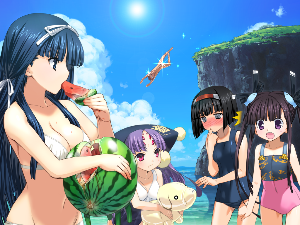 beach, bikini, blush, fruit, game_cg, noir_(sengoku_rance), oda_kou, rance_quest