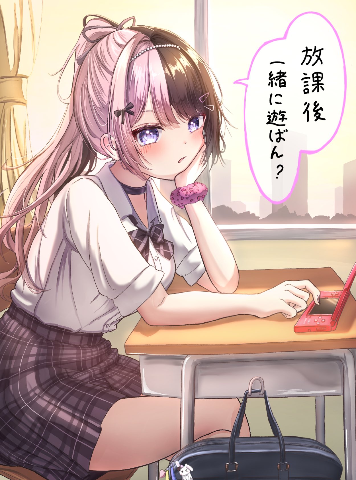 10key_2525, 1girl, breasts, brown_hair, choker, classroom, highres, long_hair