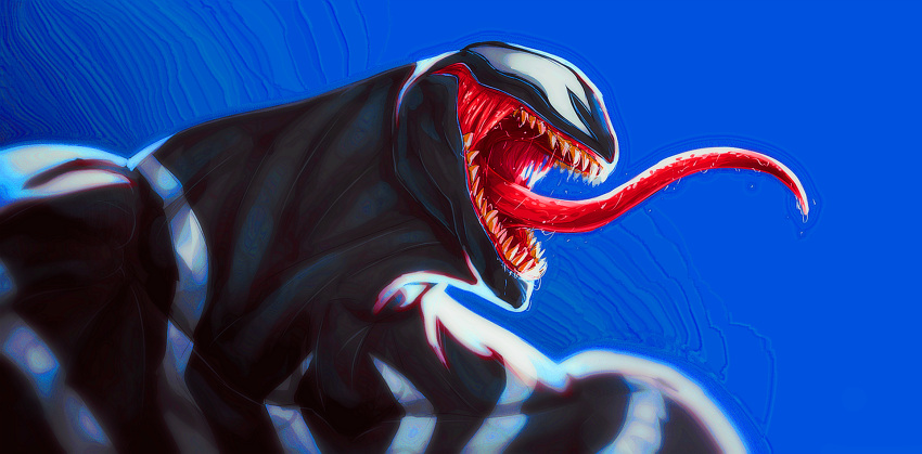 1boy, black_skin, blue_background, body_markings, colored_skin, english_commentary, highres, long_tongue, marvel, marvel_rivals, maxillary_rictus, muscular, muscular_male, open_mouth, saliva, sharp_teeth, simple_background, solo, spider-man_(series), su_annie, teeth, tongue, venom_(marvel)