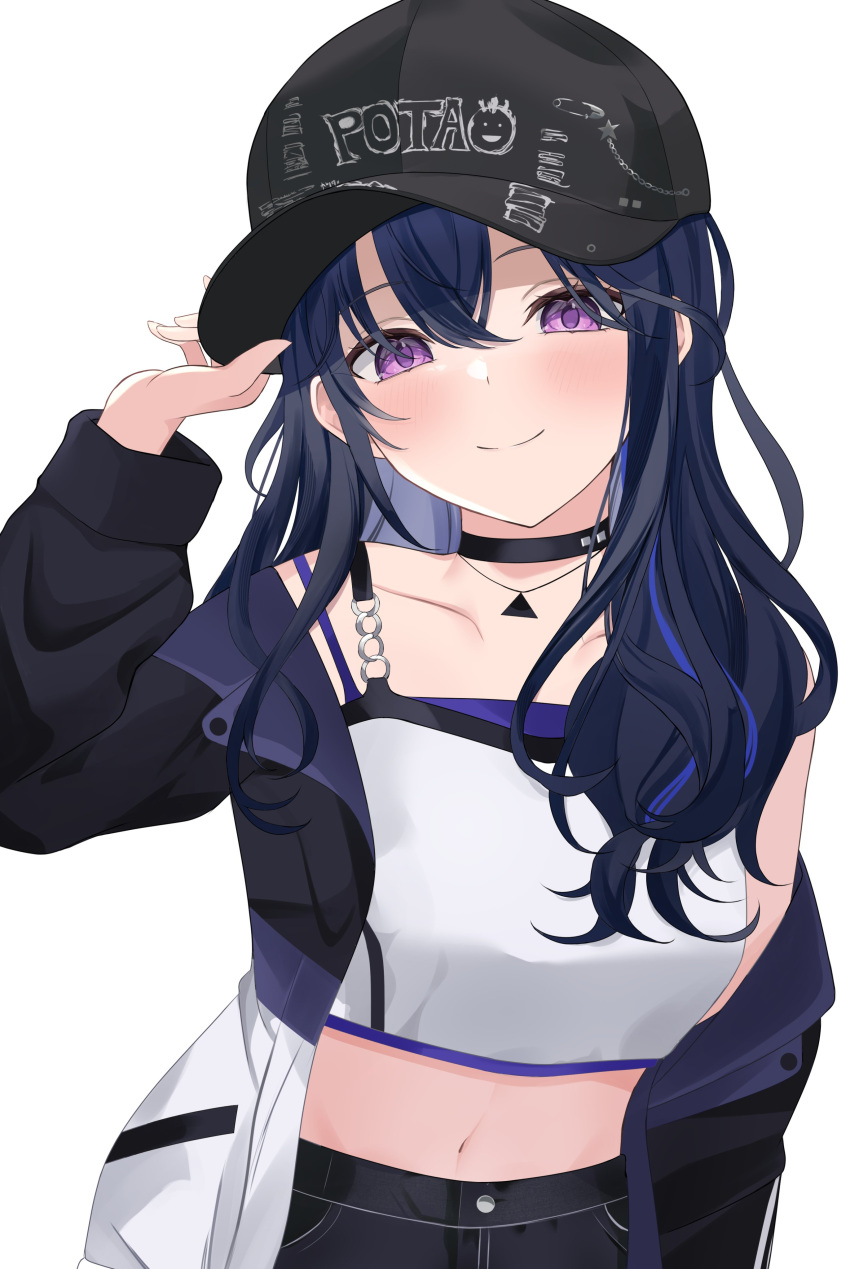 1girl, absurdres, black_hair, choker, hat, highres, ichinose_uruha, ichinose_uruha_(8th_costume), jacket, long_hair, mclarenmp4_27, navel, tank_top, violet_eyes, virtual_youtuber, vspo!, white_tank_top