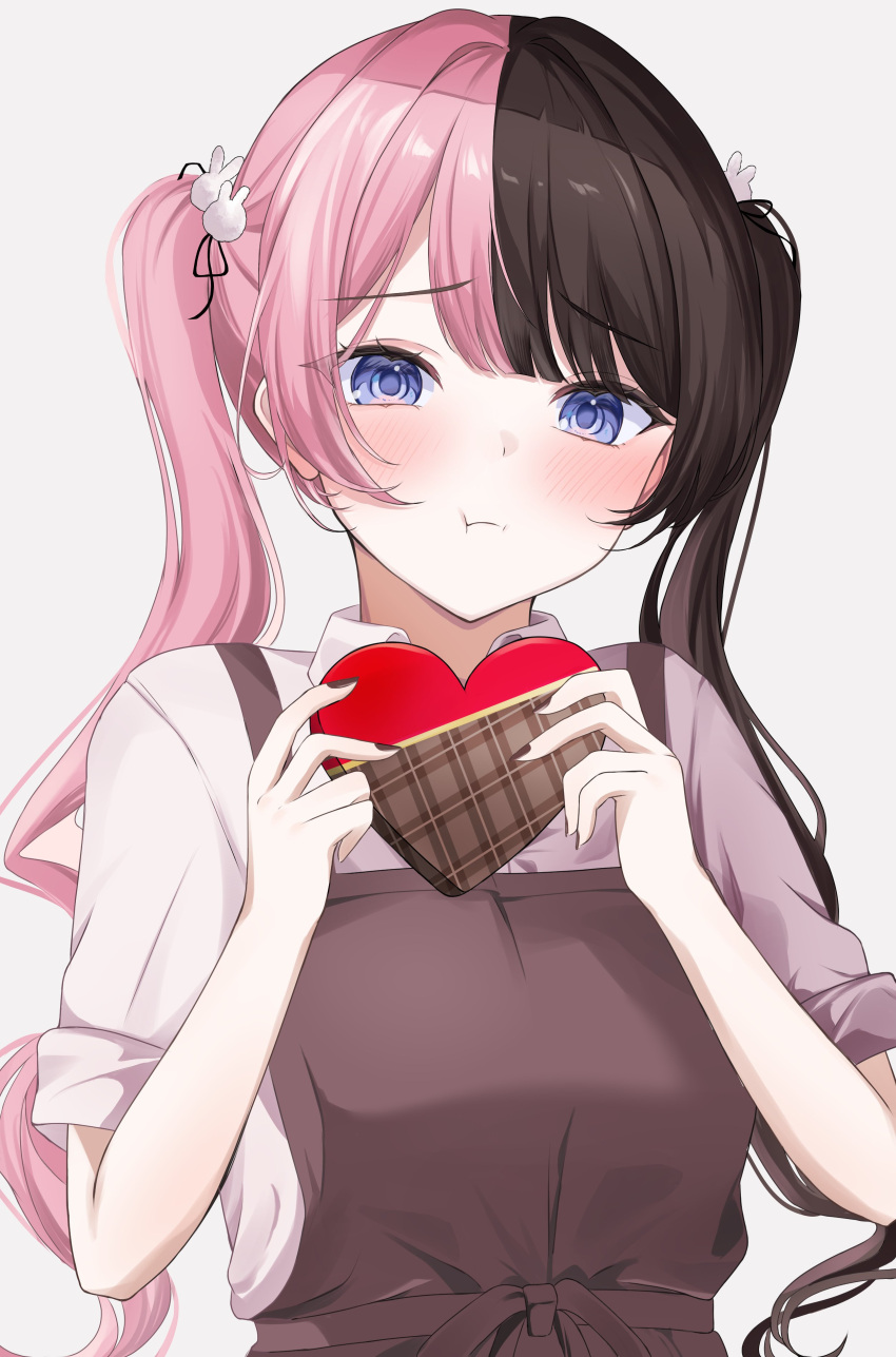 1girl, absurdres, alternate_costume, apron, brown_hair, chocolate, hair_ornament, highres