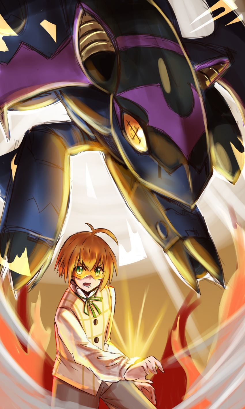 1boy, absurdres, aircraft, airplane, blonde_hair, cowboy_shot, digimon, digimon_(creature)