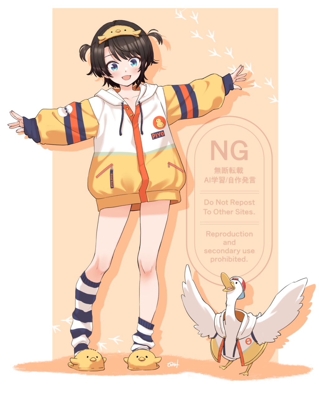 1girl, animal, animal_hairband, animal_slippers, asymmetrical_legwear, bird, black_hair, black_jacket