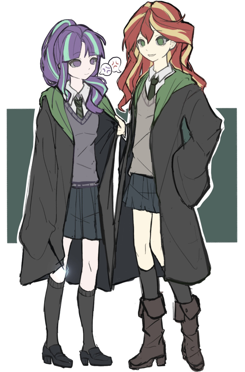 2girls, :d, aegyo_sal, alternate_breast_size_(smaller), anger_vein, aqua_streaks, arm_at_side, black_coat