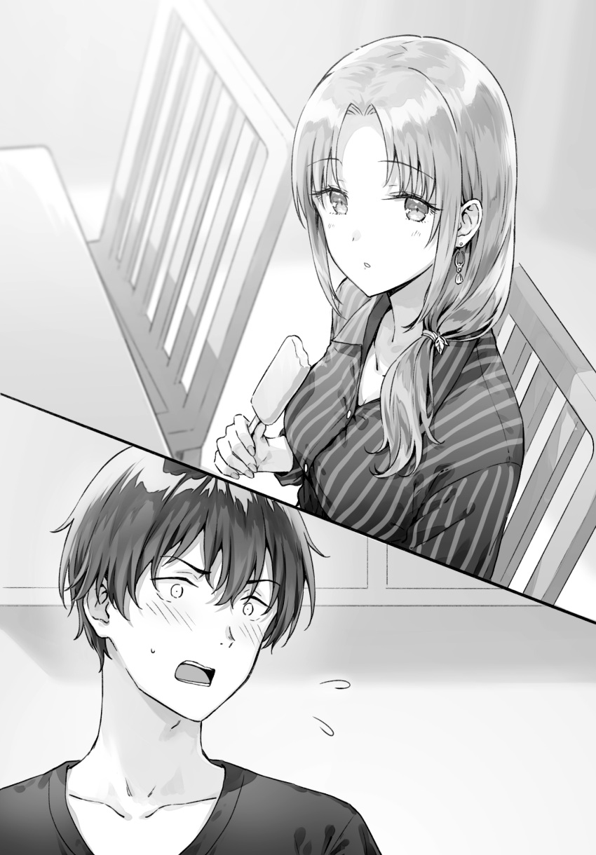 1boy, 1girl, asamura_yuuta, ayase_akiko, blush, chair, collarbone, collared_shirt