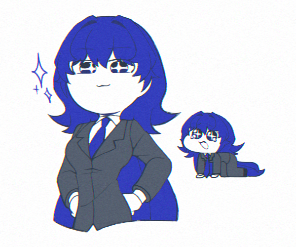+_+, 1girl, asodotpot, blue_eyes, blue_necktie, bongbong_(project_moon), breasts, employee_(project_moon)