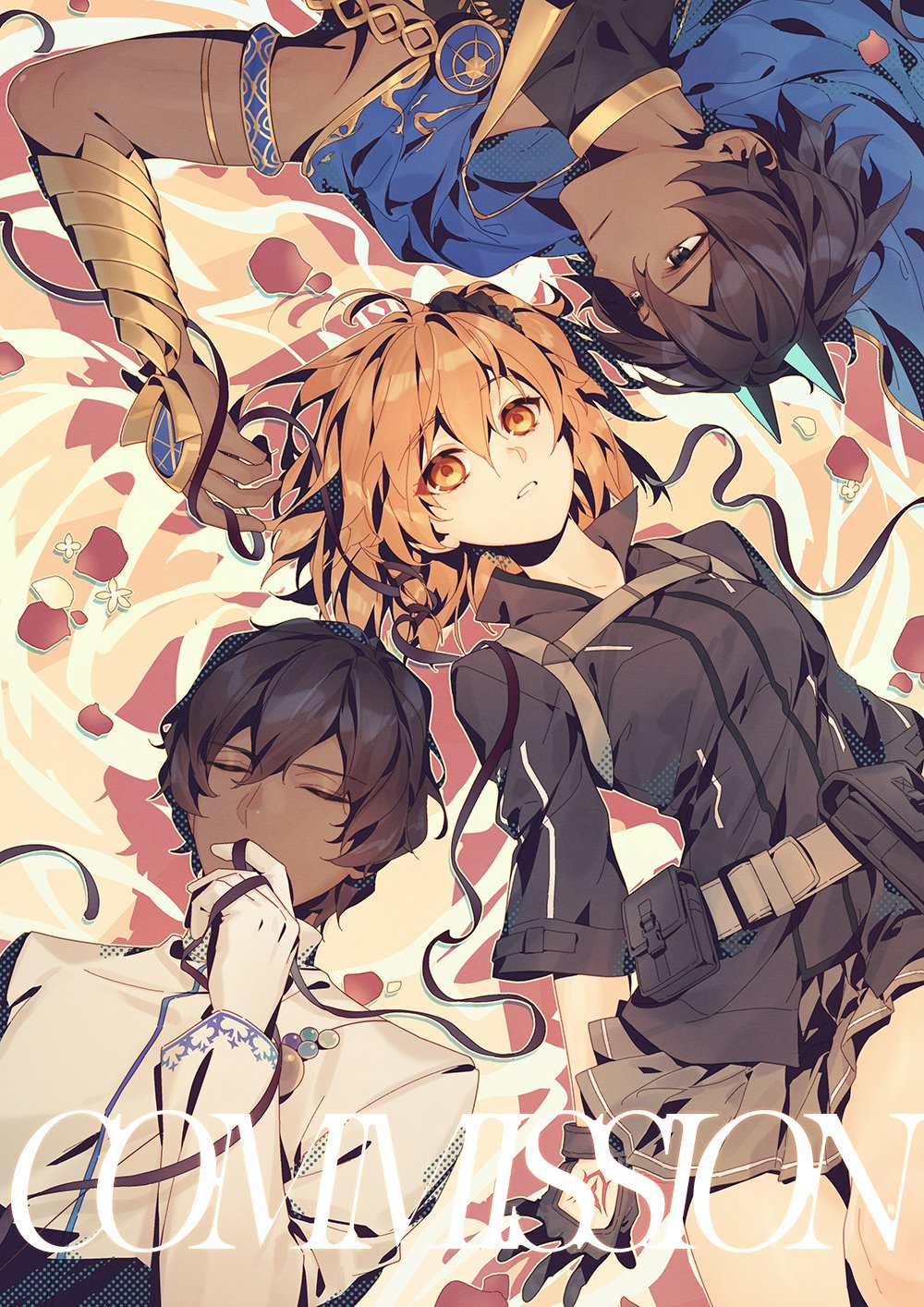 1girl, 2boys, aluce, arjuna_(fate), arjuna_alter_(fate), arjuna_alter_(third_ascension)_(fate), artist_name, black_gloves