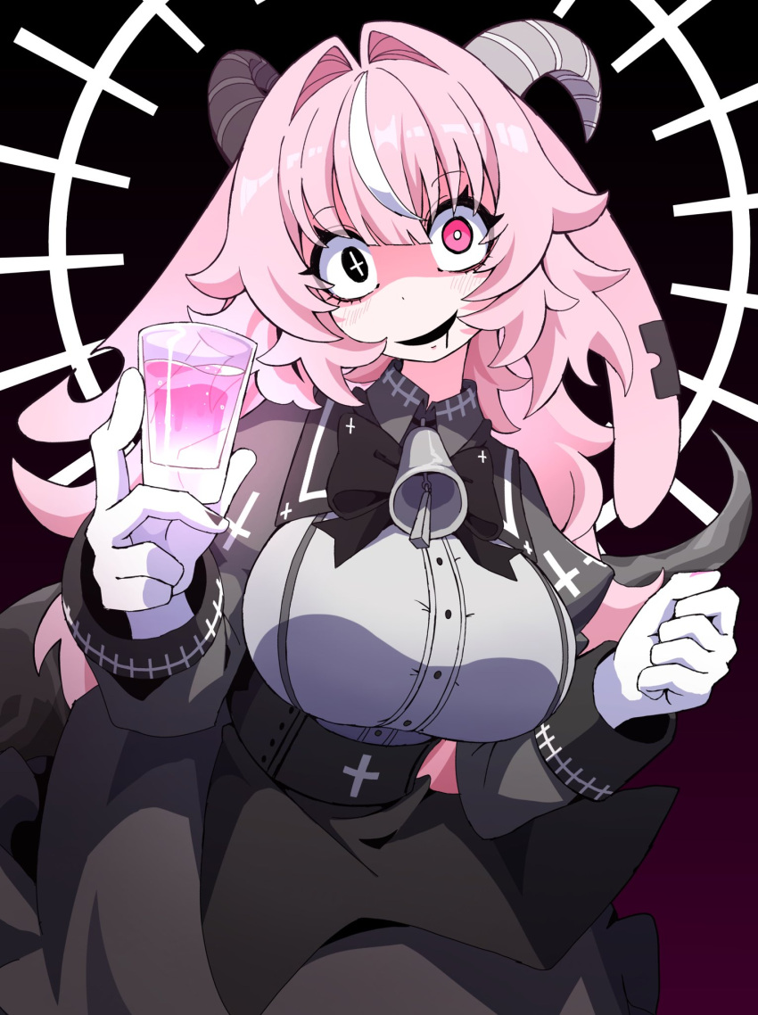 +_-, 1girl, animal_ears, asymmetrical_horns, backward-facing_horns, bell_bow, black_background, black_dress