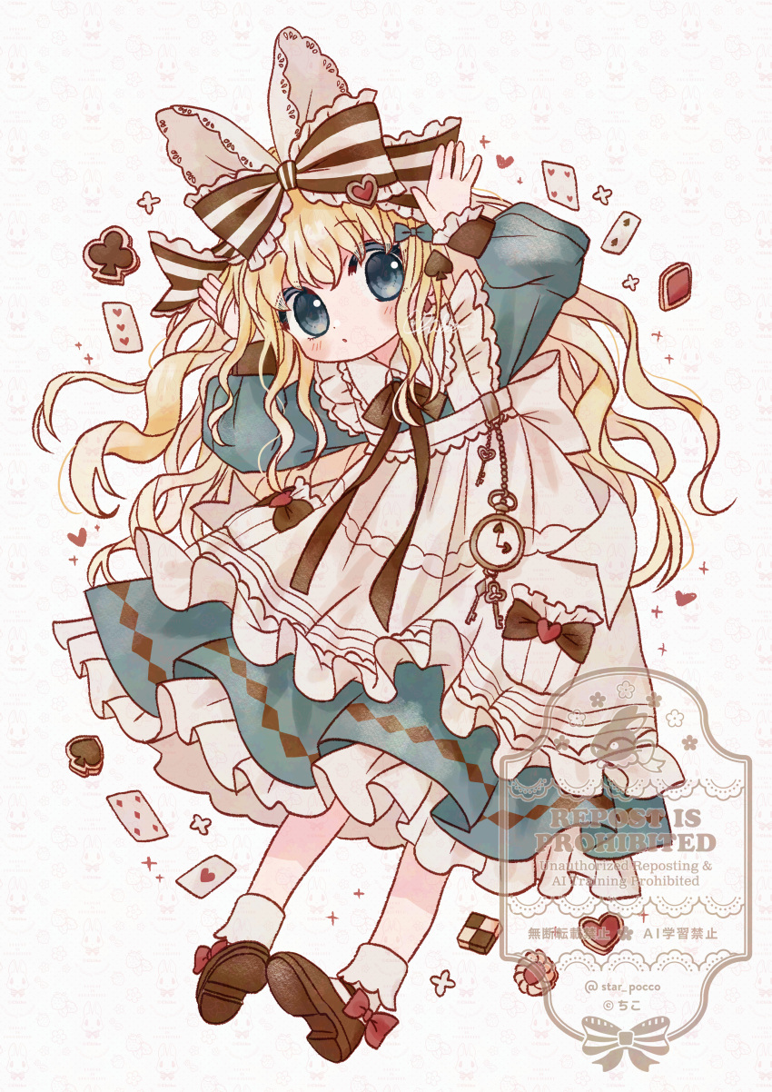 1girl, absurdres, alice's_adventures_in_wonderland, alice_(alice_in_wonderland), apron, arms_up, blush, bow, bowtie, brown_bow, brown_bowtie, brown_shoes, card, chiko_(star_pocco), dot_nose, dress, frilled_apron, frilled_bow, frilled_dress, frilled_sleeves, frills, full_body, green_dress, green_eyes, hair_bow, highres, looking_at_viewer, outline, parted_lips, pinafore_dress, playing_card, red_bow, revision, shoes, sleeveless, sleeveless_dress, socks, solo, standing, striped_bow, watermark, white_apron, white_background, white_outline, white_socks