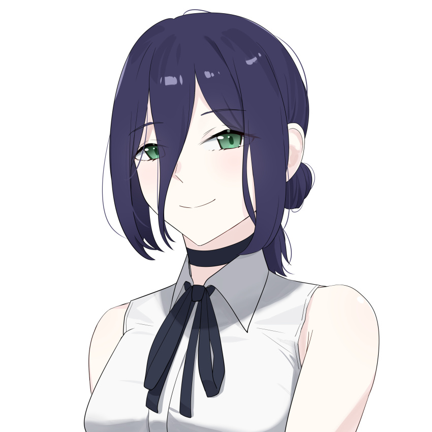 1girl, absurdres, aurilia_(user_8748), black_choker, black_ribbon, blue_hair, chainsaw_man, choker