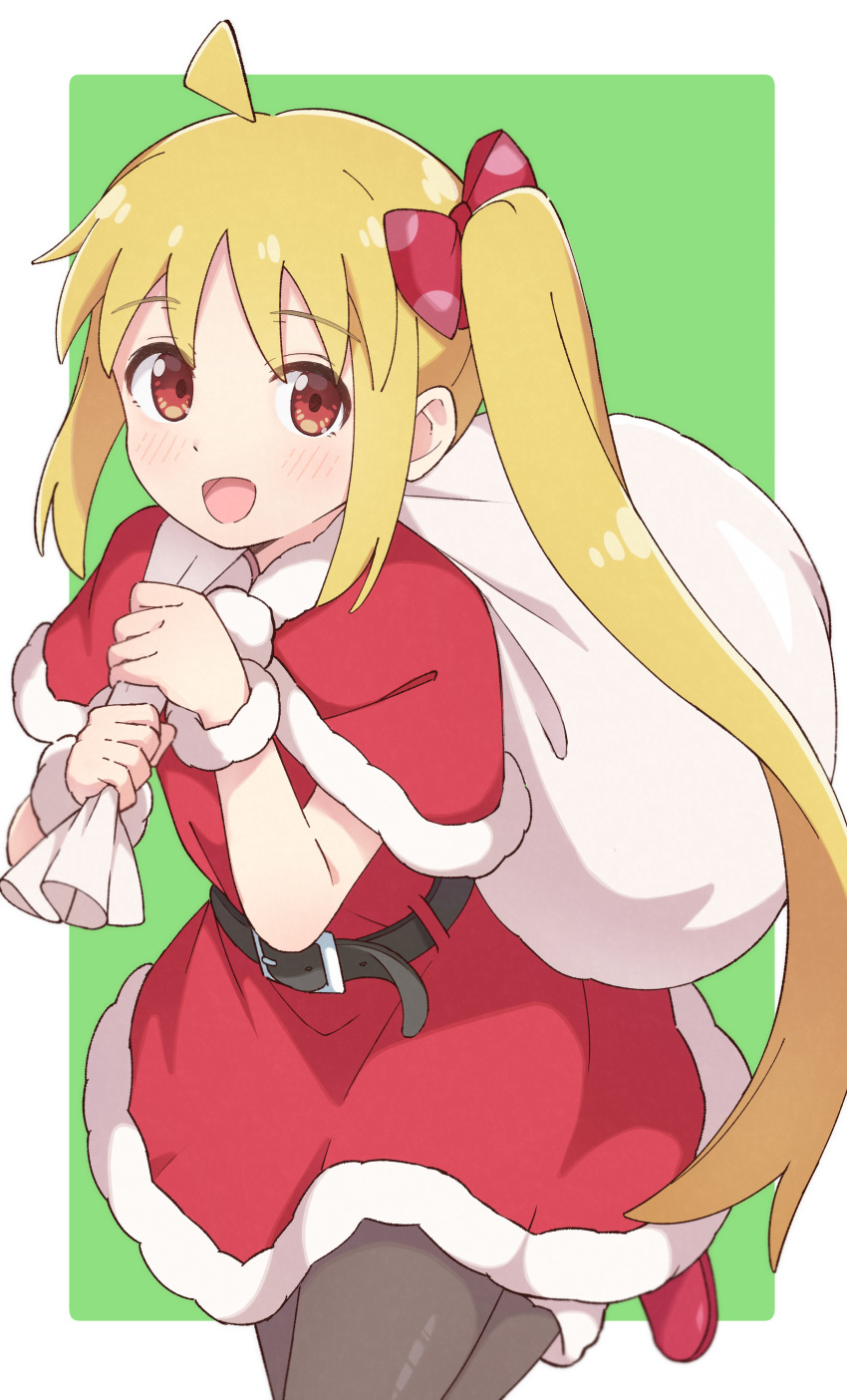1girl, :d, absurdres, ahoge, belt, black_belt, black_pantyhose, blonde_hair