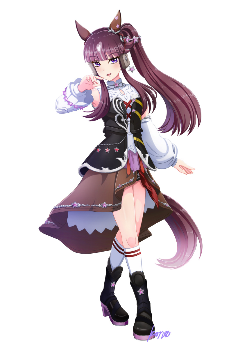 1girl, absurdres, animal_ears, black_boots, black_corset, blunt_bangs, blush, boots, breasts, brown_hair, brown_skirt, commentary_request, corset, detached_sleeves, ear_covers, full_body, hair_between_eyes, hair_ornament, highres, horse_ears, horse_girl, horse_tail, kneehighs, konsu_(konsu1182da), long_hair, looking_at_viewer, lucky_lilac_(racing)_(umamusume), lucky_lilac_(umamusume), multicolored_hair, open_mouth, revision, shirt, side_ponytail, skirt, sleeveless, sleeveless_shirt, smile, socks, solo, star_(symbol), tail, umamusume, violet_eyes, white_shirt, white_socks