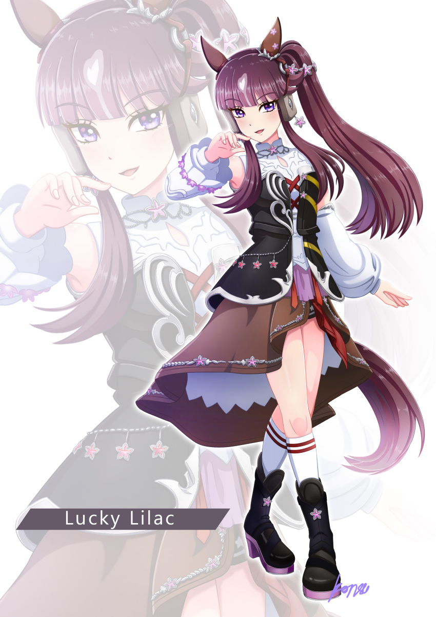 1girl, absurdres, animal_ears, black_boots, black_corset, blunt_bangs, blush, boots, breasts, brown_hair, brown_skirt, character_name, commentary_request, corset, detached_sleeves, ear_covers, full_body, hair_between_eyes, hair_ornament, highres, horse_ears, horse_girl, horse_tail, kneehighs, konsu_(konsu1182da), long_hair, looking_at_viewer, lucky_lilac_(racing)_(umamusume), lucky_lilac_(umamusume), multicolored_hair, open_mouth, revision, shirt, side_ponytail, skirt, sleeveless, sleeveless_shirt, smile, socks, star_(symbol), tail, umamusume, violet_eyes, white_shirt, white_socks, zoom_layer