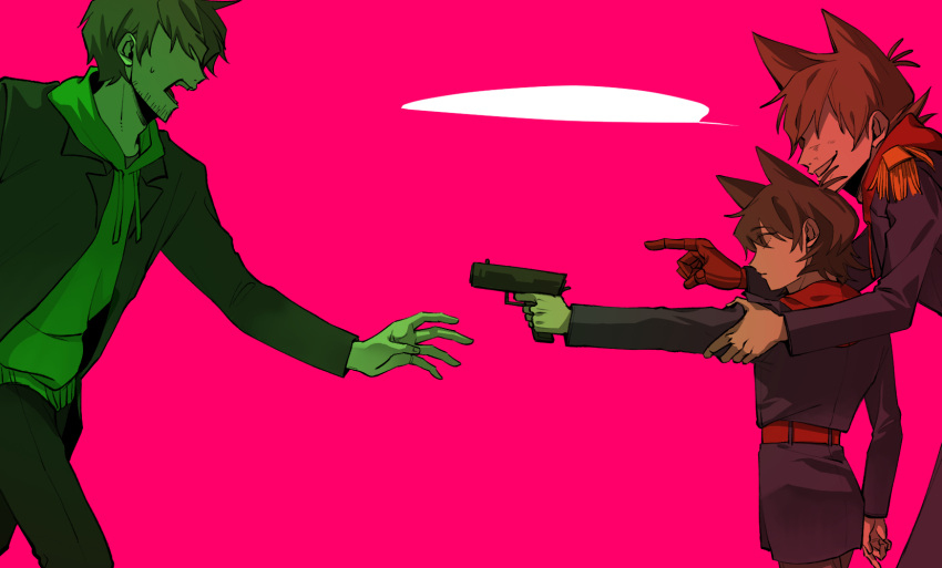 3boys, aged_down, aiming, animification, antenna_hair, beard_stubble, blue_coat, brown_hair, burn_scar, child, coat, commentary, cyborg, drawstring, dual_persona, edd_(eddsworld), eddsworld, eko_endure, epaulettes, facial_hair, flipped_hair, from_side, future_edd_(eddsworld), green_hoodie, gun, hair_ears, handgun, height_difference, highres, holding, holding_gun, holding_weapon, hood, hood_down, hoodie, long_sleeves, male_focus, mechanical_arms, military_coat, military_uniform, multiple_boys, no_eyes, norwegian_commentary, open_mouth, pink_background, pointing, pointing_at_another, prosthesis, prosthetic_arm, protected_link, reaching, red_hoodie, red_leader_(eddsworld), scar, short_hair, simple_background, single_mechanical_arm, smile, standing, stubble, tord_(eddsworld), trench_coat, weapon