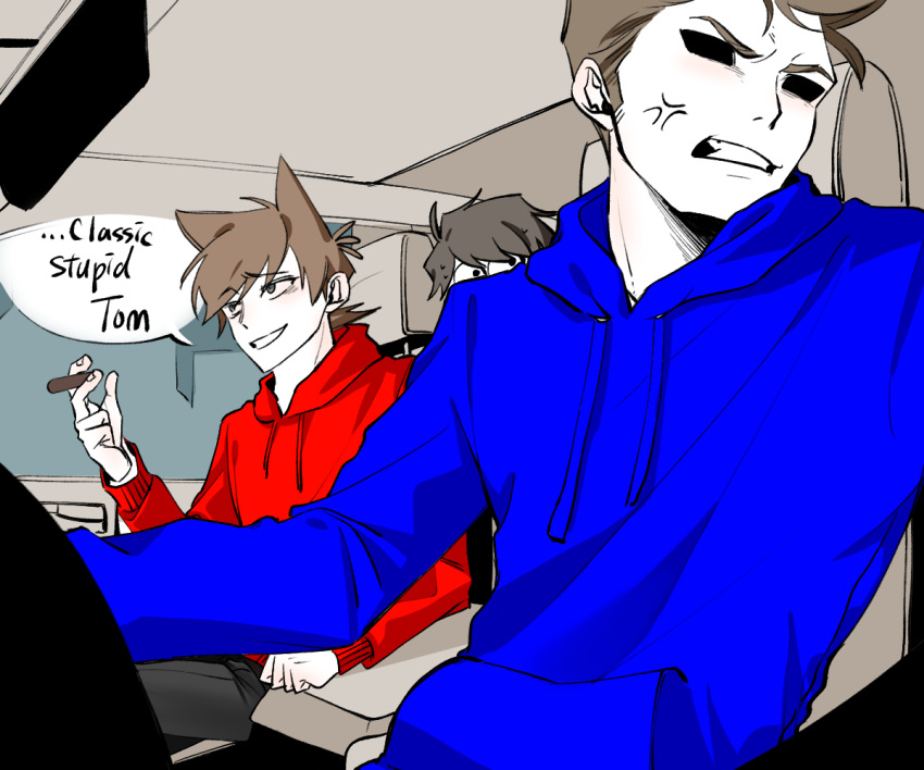 3boys, anger_vein, animification, annoyed, antenna_hair, black_pants, blue_hoodie, brown_hair, car_interior, cigar, commentary_request, drawstring, edd_(eddsworld), eddsworld, eko_endure, english_text, flipped_hair, grey_eyes, grin, hair_behind_ear, hair_ears, holding, holding_cigar, hollow_eyes, hood, hood_down, hoodie, korean_commentary, long_sleeves, male_focus, multiple_boys, pants, protected_link, red_hoodie, short_hair, smile, source_quote, speech_bubble, sweat, tom_(eddsworld), tord_(eddsworld), wide-eyed