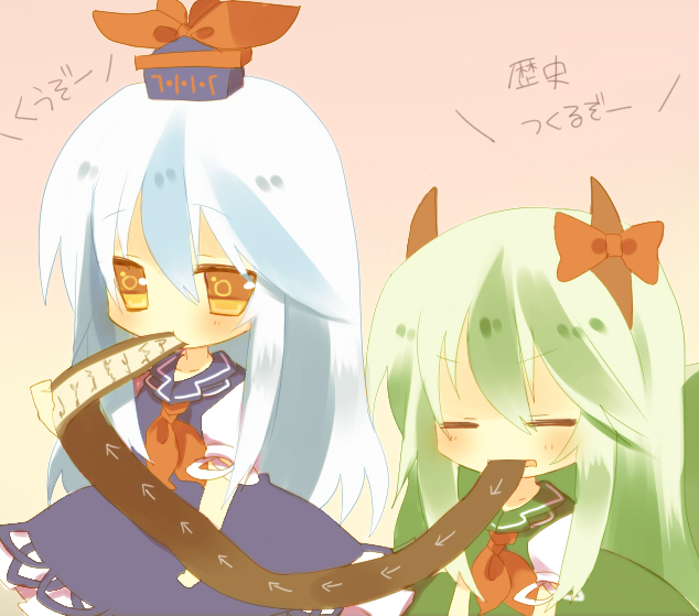 ascot, bad_id, biting, blue_hair, chibi, closed_eyes, dress, dual