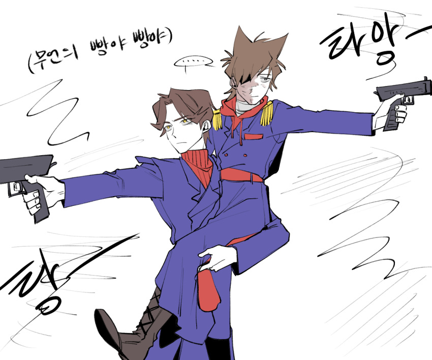 2boys, aiming, animification, antenna_hair, bandaged_neck, bandages, black_boots, blue_coat