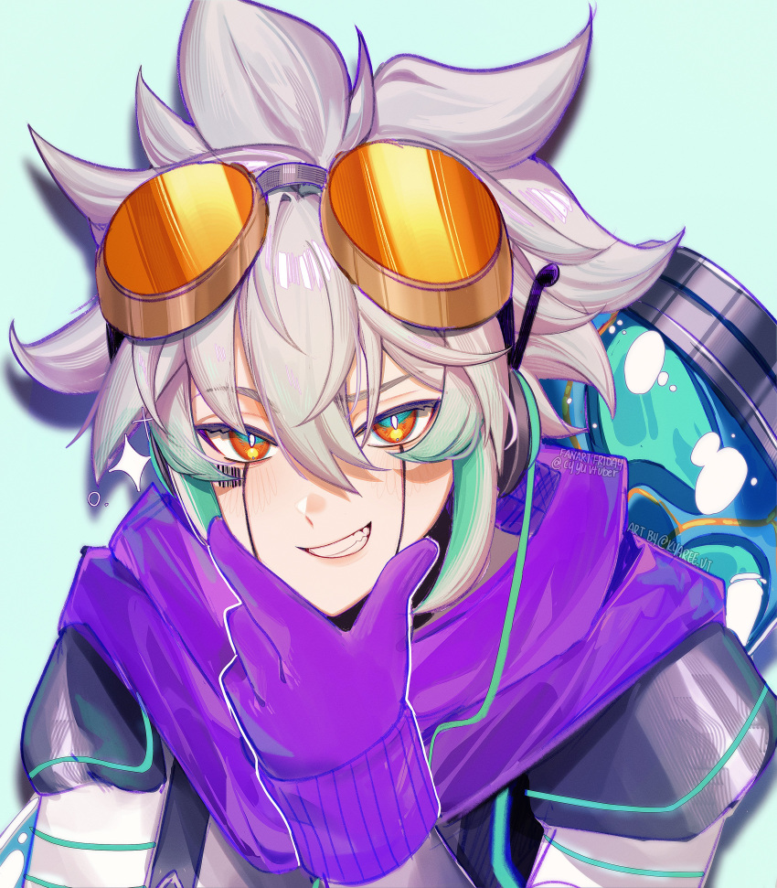 1boy, absurdres, colored_tips, cy_yu, gloves, goggles, goggles_on_head, green_hair