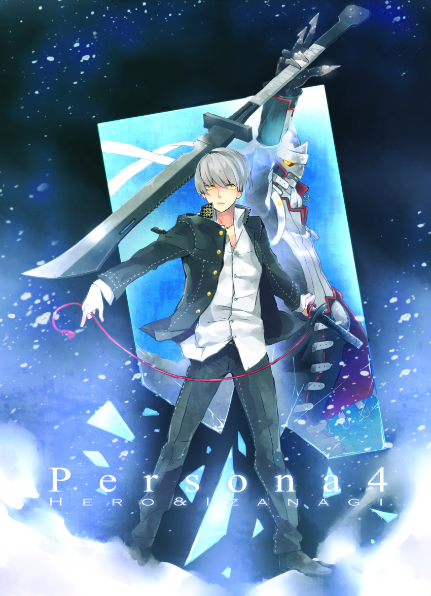 dress_shirt, grey_hair, highres, izanagi, jacket, jeans, katana, kyokisaragi