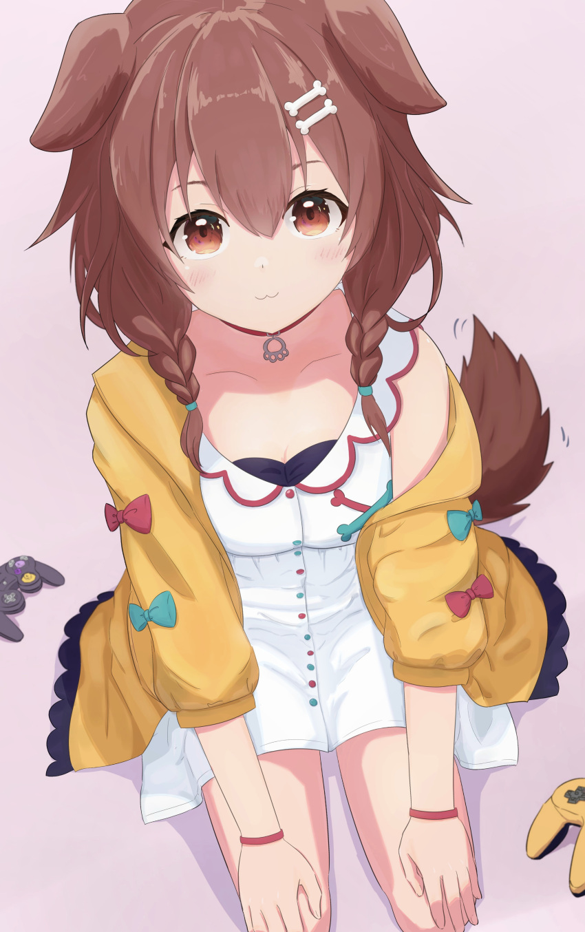 1girl, :3, absurdres, animal_ears, brown_eyes, brown_hair, closed_mouth, collar, commentary_request, controller, dog_ears, dog_girl, dog_tail, dress, game_controller, gamecube_controller, highres, hololive, inugami_korone, inugami_korone_(1st_costume), jacket, looking_at_viewer, morotade_kudou, nintendo_64_controller, red_collar, smile, tail, virtual_youtuber, white_dress, yellow_jacket