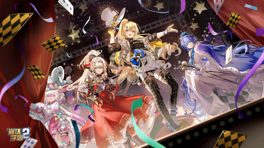 4girls, absurdres, arkria_hroptr, black_boots, blonde_hair, blue_hair, boots, brown_gloves