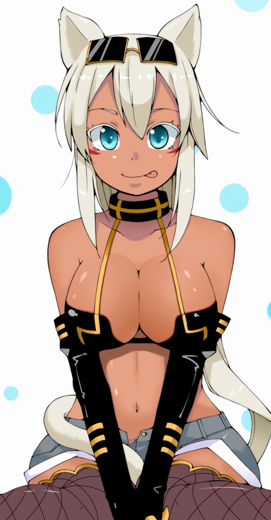 :p, animal_ears, aqua_eyes, breasts, cat_ears, cat_tail, choker, cleavage