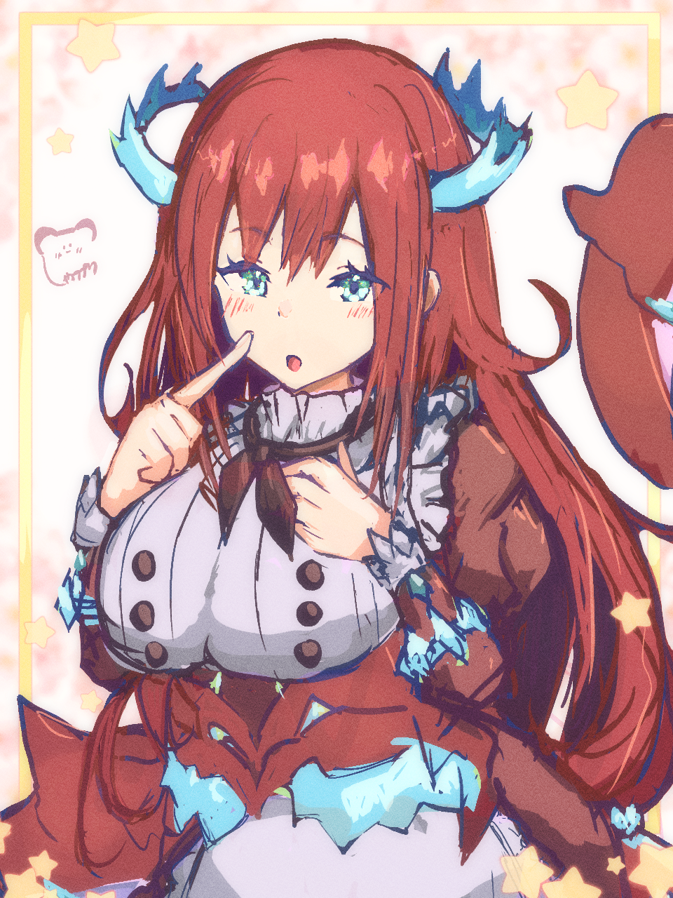 1girl, apron, blue_eyes, breasts, commentary_request, dragon_girl, dragon_horns, dragon_tail