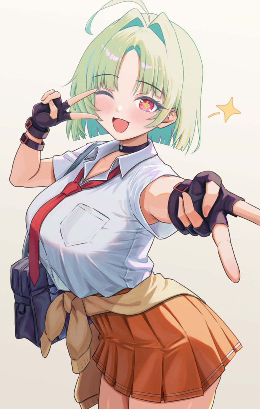 1girl, :d, absurdres, ahoge, bag, black_bag, black_choker, black_gloves, blush, breasts, brown_sweater, chaos_zero_nightmare, choker, clothes_around_waist, collared_shirt, commentary_request, cowboy_shot, double_v, fingerless_gloves, gloves, green_hair, hands_up, heidemarie_(chaos_zero_nightmare), highres, konnzyou, large_breasts, looking_at_viewer, necktie, one_eye_closed, open_mouth, orange_skirt, red_eyes, red_necktie, shirt, short_hair, short_sleeves, simple_background, skirt, smile, solo, sweater, sweater_around_waist, t-shirt, unworn_sweater, v, white_background, white_shirt, yellow_pupils