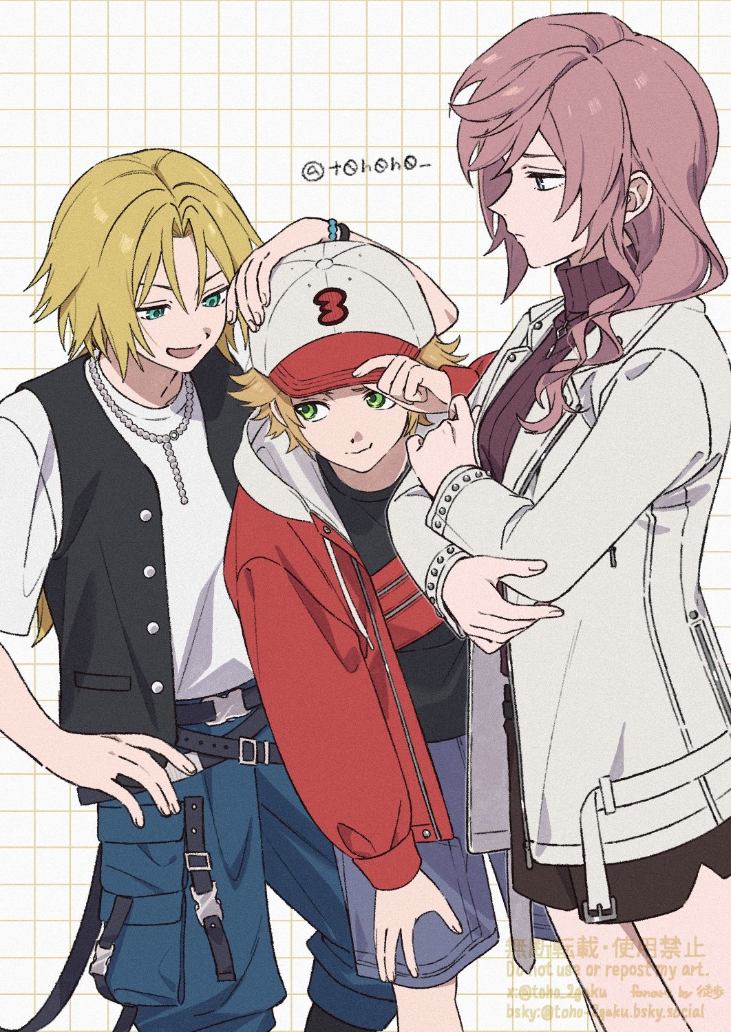1girl, 2boys, baseball_cap, black_shirt, black_vest, blonde_hair, blue_eyes, blue_shorts, commentary_request, cowboy_shot, crossed_arms, dissidia_duellum_final_fantasy, dissidia_final_fantasy, feet_out_of_frame, final_fantasy, final_fantasy_iii, final_fantasy_ix, final_fantasy_xiii, from_side, green_eyes, grid_background, hat, highres, hood, hood_down, hoodie, jacket, jewelry, lightning_farron, lightning_farron_(modern_jacket), long_hair, long_sleeves, multiple_boys, necklace, onion_knight, onion_knight_(knight_in_shining_streetwear), open_clothes, open_hoodie, open_jacket, pink_hair, profile, red_hoodie, shirt, short_hair, short_sleeves, shorts, t0h0h0, twitter_username, vest, white_shirt, zidane_tribal, zidane_tribal_(vacationing_thief)