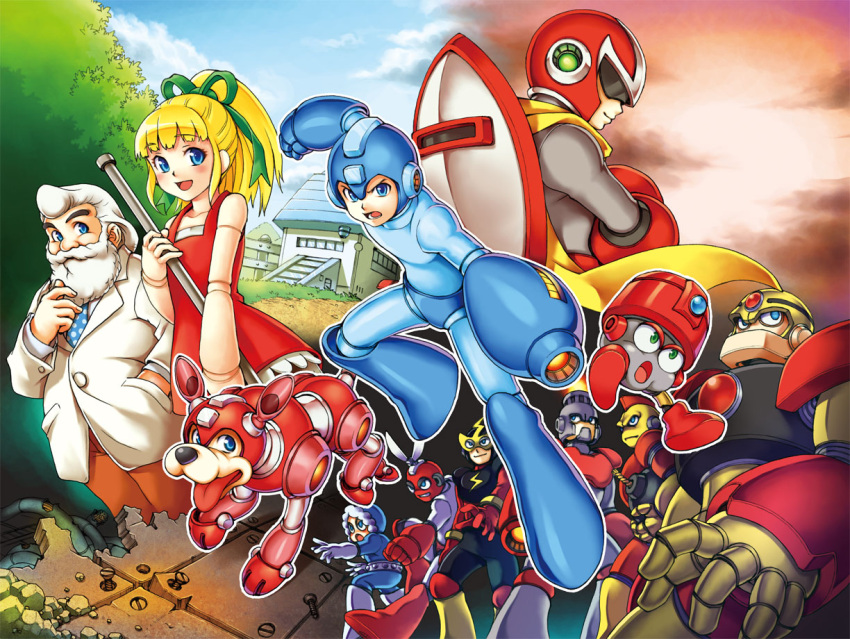 blonde_hair, blue_eyes, blues_(rockman), bomberman_(rockman), capcom, cutman, dog, eddie_(rockman)