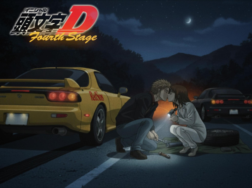 ai-generated, black_shirt, blonde_hair, brown_hair, car, couple, denim, flashlight