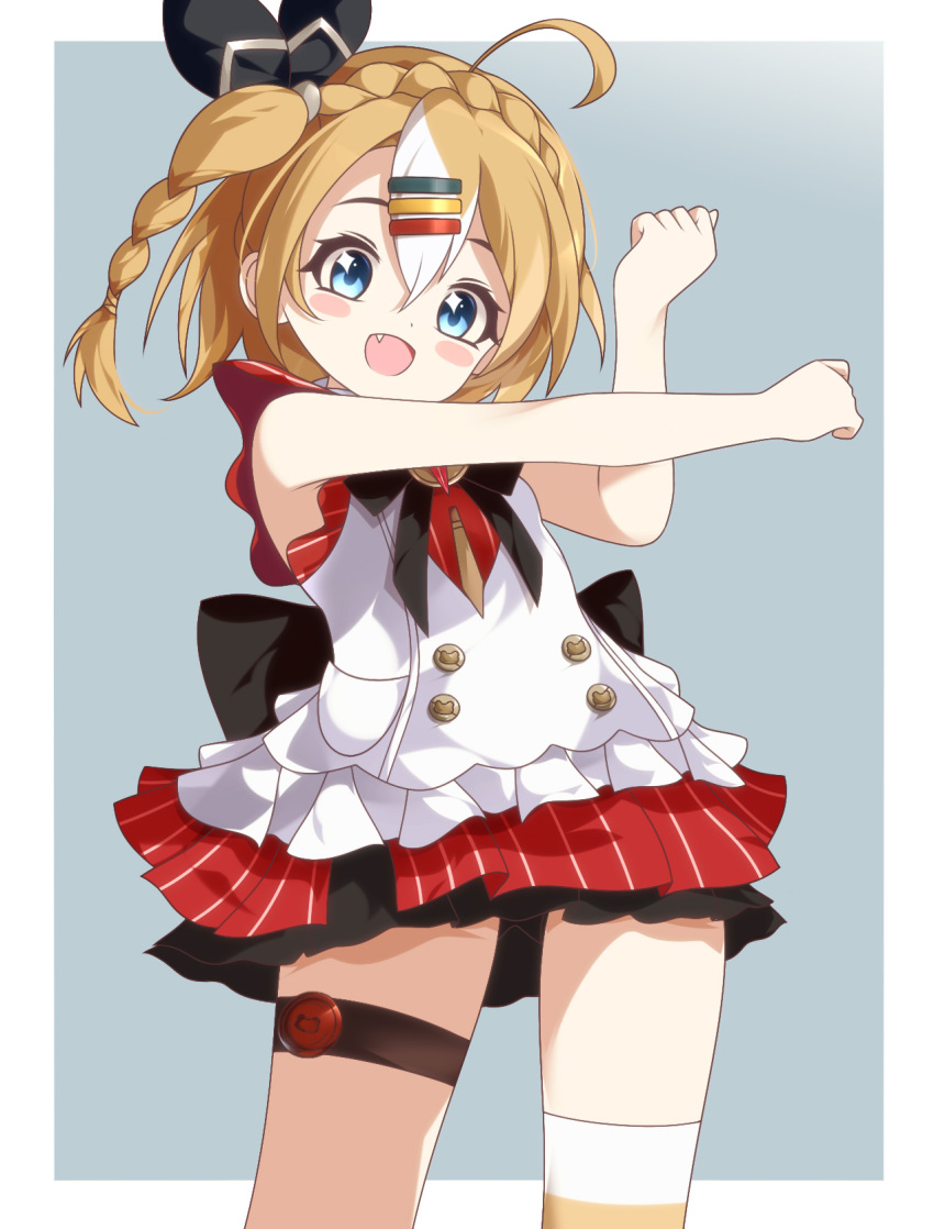 1girl, ahoge, beret, black_bow, blue_eyes, blush, bow, braid