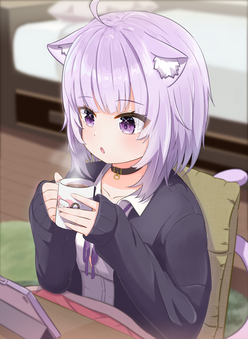 1girl, ahoge, animal_ear_fluff, animal_ears, black_cardigan, black_collar, cardigan, cat_ears