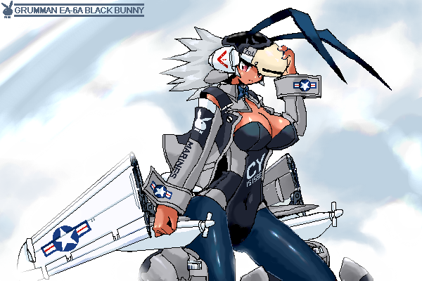 animal_costume, animal_ears, breasts, bunny, bunny_costume, bunny_ears, bunny_girl, cleavage, emblem, grumman_ea-6, headset, mecha_musume, original, pantyhose, personification, rabbit, red_eyes, silver_hair, solo, tan, yonezuka_ryou