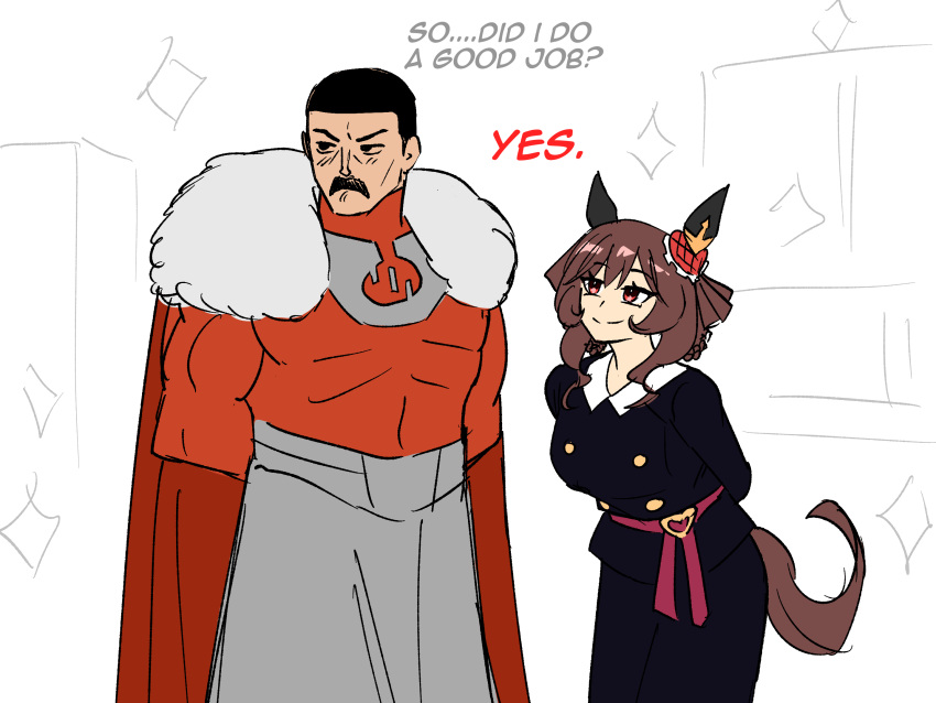 1boy, 1girl, 1other, animal_ears, black_hair, brown_hair, cape, commentary