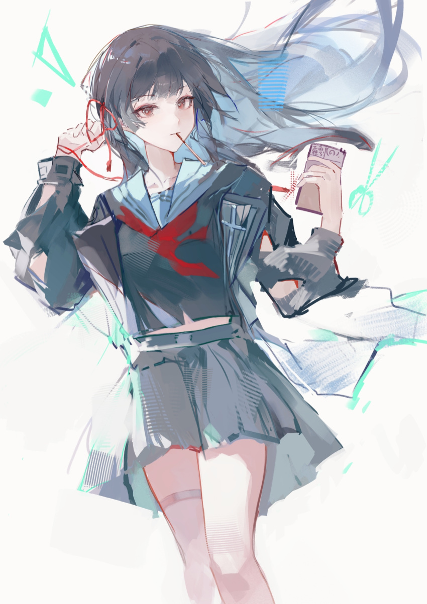 1girl, black_hair, black_jacket, black_serafuku, black_shirt, black_skirt, chinese_commentary, chisa_(wuthering_waves)