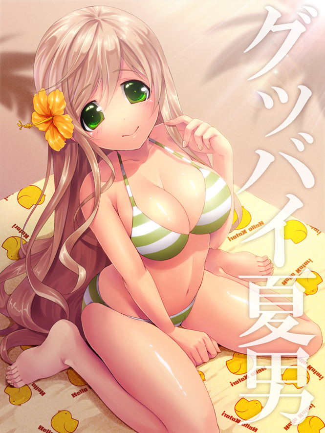 bare_legs, bare_shoulders, barefoot, bikini, breasts, brown_hair, cleavage, flower