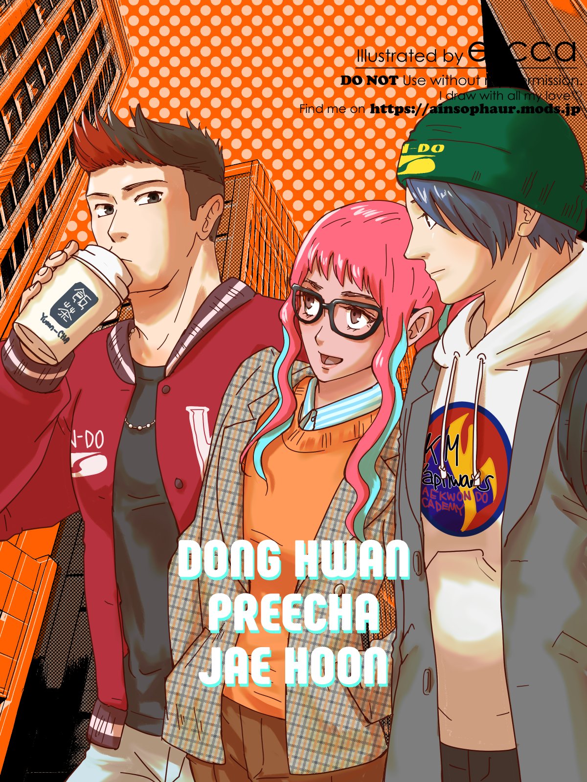 1girl, 2boys, artist_name, beanie, black-framed_eyewear, black_eyes, black_hair, black_shirt