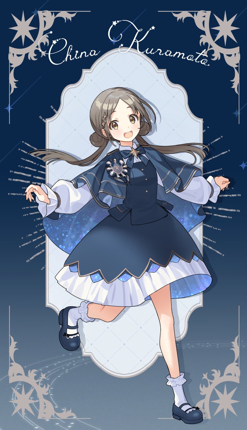 1girl, :d, ankle_socks, bell_sleeves, blue_background, blue_cape, blue_jacket, blue_shoes