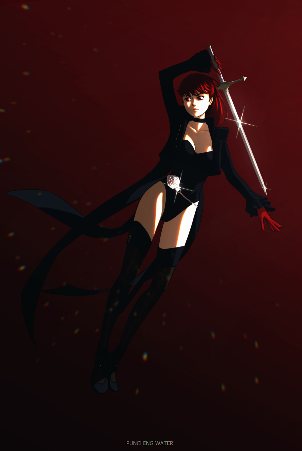 1girl, artist_name, black_background, black_boots, black_choker, black_jacket, black_leotard, black_ribbon