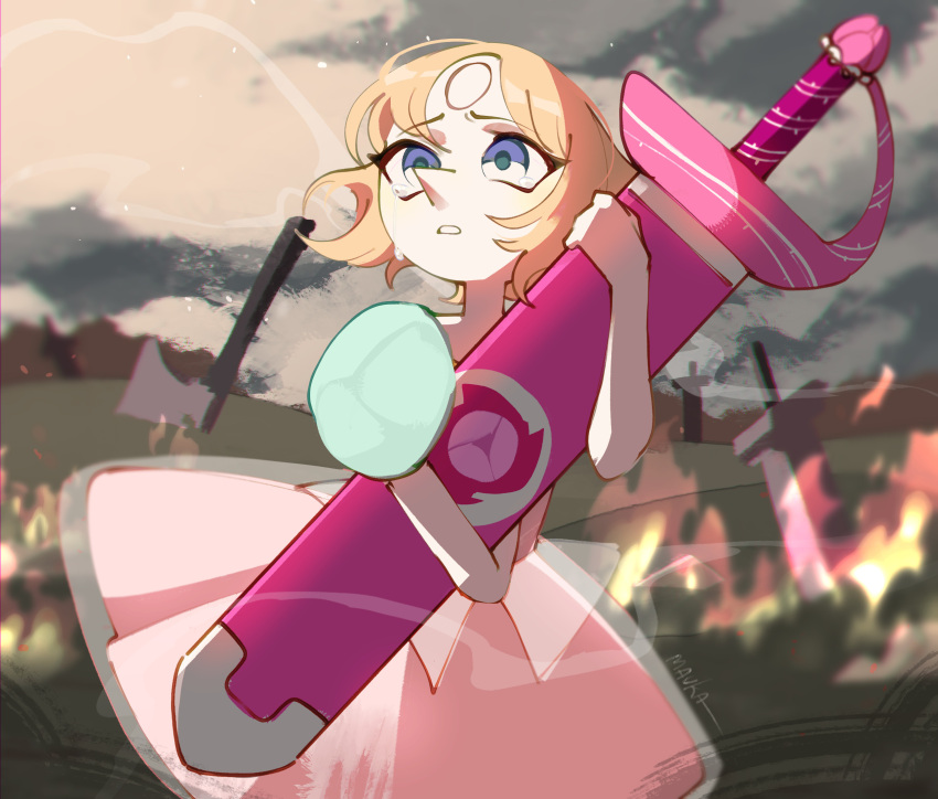 1girl, blue_eyes, dress, fire, forehead_jewel, gem, gem_(steven_universe), highres