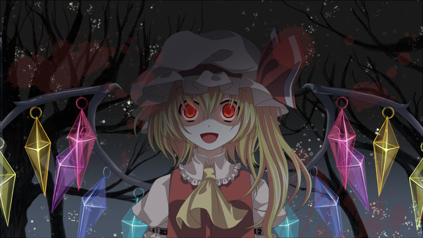 ascot, bad_id, blonde_hair, dress, flandre_scarlet, glowing, glowing_eyes, hat