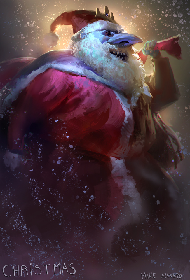 1boy, adventure_time, bag, beard, blue_skin, colored_skin, crown, facial_hair, hat, holding, holding_bag, ice_king, male_focus, mike_azevedo, pointy_nose, santa_costume, santa_hat, sharp_teeth, smile, snow, solo, teeth