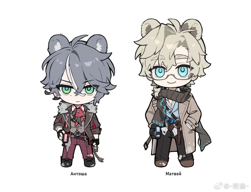 2boys, ahoge, animal_ears, antosha_(arknights), aqua_eyes, arknights, banque_(edrukine), bear_boy