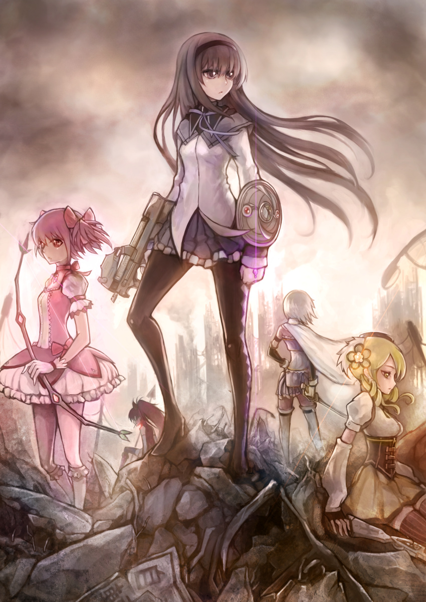 absurdres, akemi_homura, black_eyes, black_hair, blonde_hair, blue_hair, bobby_socks, bow