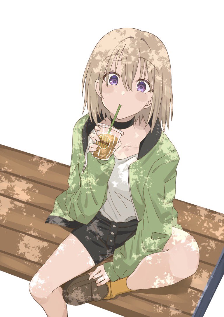 1girl, black_shorts, cup, drinking, drinking_straw, drinking_straw_in_mouth, green_jacket, grey_hair