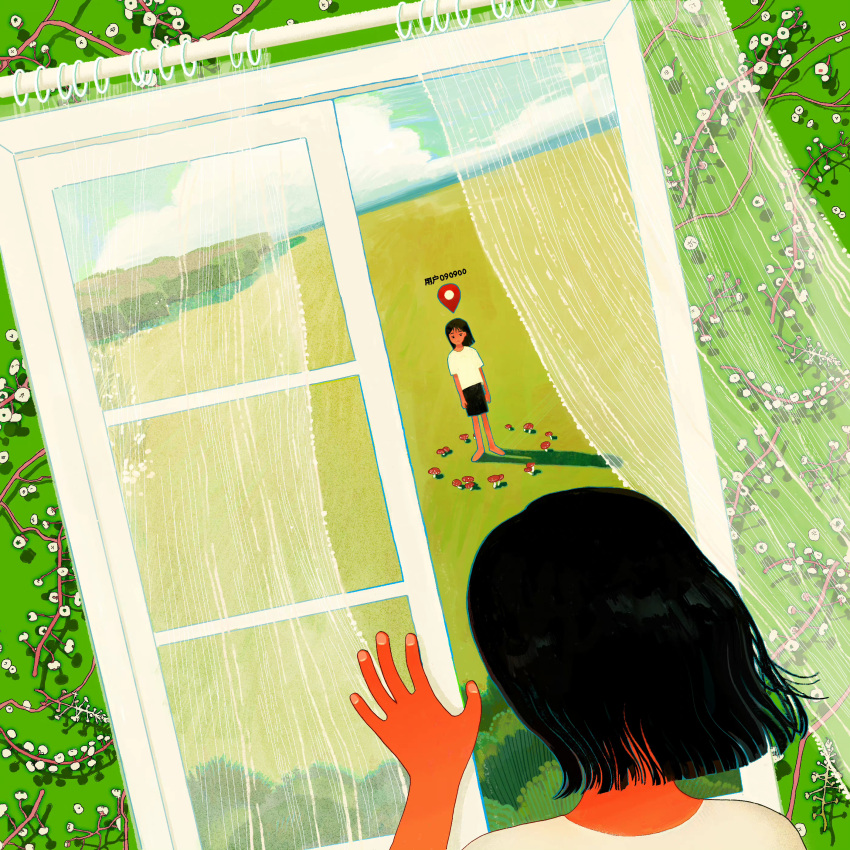 2girls, absurdres, black_hair, black_shorts, colored_skin, commentary, curtains, fairy_ring