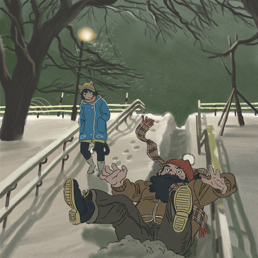 1boy, 1girl, amber389, beard, black_hair, black_shoes, boots, brown_jacket