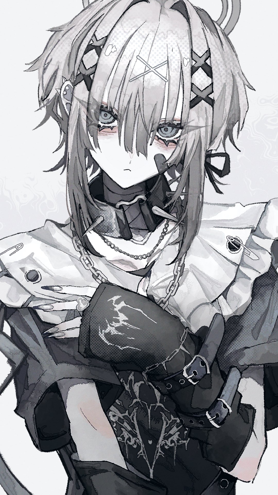 1girl, arm_belt, belt, black_belt, black_collar, black_gloves, black_ribbon, black_shirt, chain, chain_necklace, choker, collar, elbow_gloves, eyes_visible_through_hair, fingerless_gloves, fingernails, frilled_collar, frills, gloves, grey_hair, hair_between_eyes, hair_intakes, hair_ornament, hair_ribbon, hand_up, head_tilt, heart, heart_o-ring, heart_ring, heart_ring_choker, highres, jewelry, long_fingernails, necklace, o-ring, o-ring_choker, original, paperclip, ribbon, ring, satoinu111, screentones, shirt, short_hair_with_long_locks, short_sleeves, simple_background, solo, spiked_collar, spiked_ear_piercing, spikes, t-shirt, upper_body, wrist_belt, x_hair_ornament