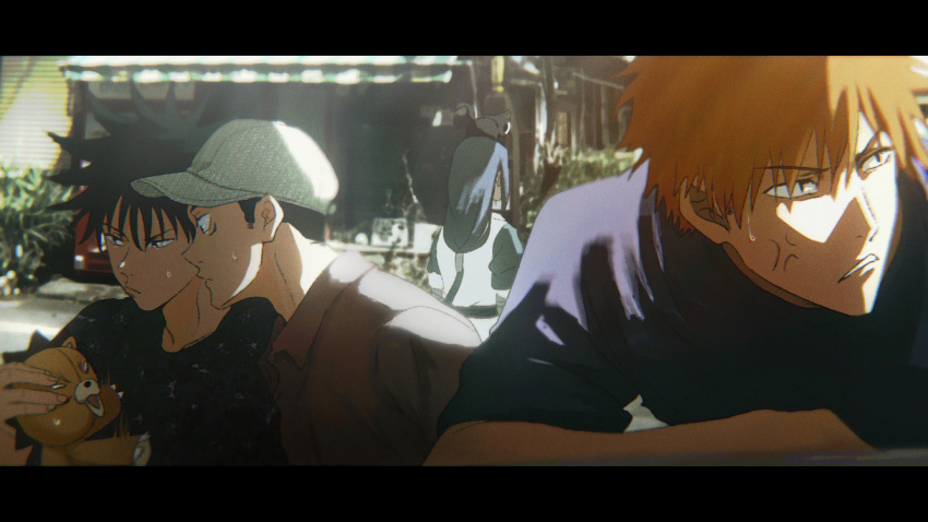 4boys, arashi_(boom_sate225), bandages, black_hair, black_shirt, bleach, blue_hair, brown_shirt